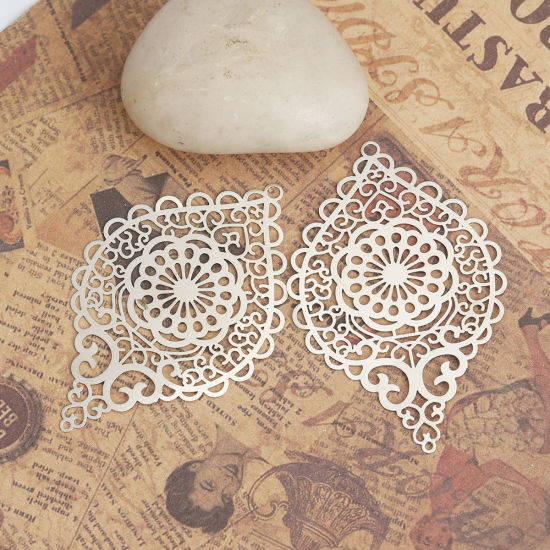 Picture of Brass Pendants Silver Tone Oval Heart Filigree Stamping 5.8cm x 3.7cm, 5 PCs                                                                                                                                                                                  