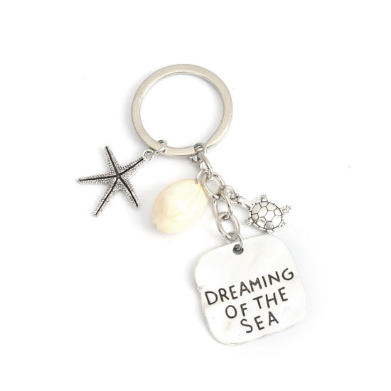 Picture of Ocean Jewelry Keychain & Keyring Antique Silver Color White Star Fish Tortoise Message " DREAMING OF THE SEA " 9.1cm, 1 Piece