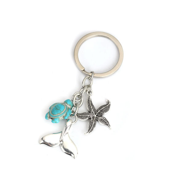 Picture of Ocean Jewelry Keychain & Keyring Antique Silver Color Blue Tortoise Animal Star Fish 8.2cm, 1 Piece