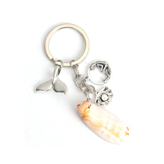 Picture of Keychain & Keyring Antique Silver Color White Fishtail Shell 9.8cm, 1 Piece