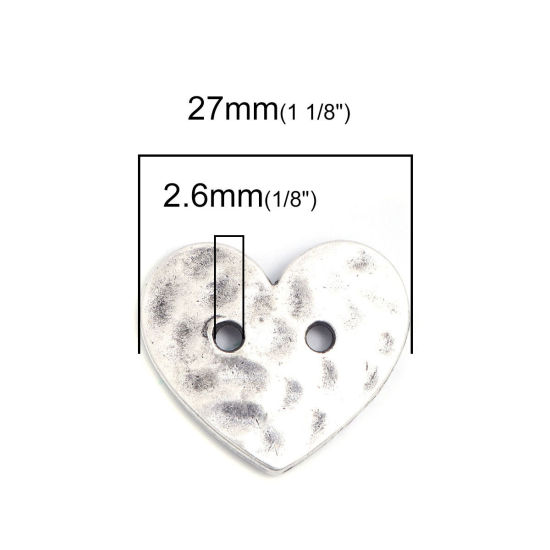 Picture of Zinc Based Alloy Sewing Buttons Two Holes Heart Antique Silver Color Filled 27mm x 24mm, 5 PCs