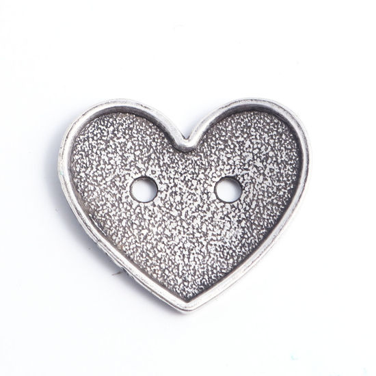 Picture of Zinc Based Alloy Sewing Buttons Two Holes Heart Antique Silver Color Filled 27mm x 24mm, 5 PCs
