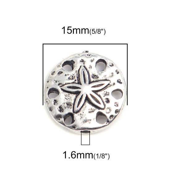 亜鉛合金 メタル 金属 海ジュエリー スペーサー ビーズ 円形 銀古美 ヒトデ彫刻 約 15mm 直径、 穴：約 1.6mm、 20 個 の画像