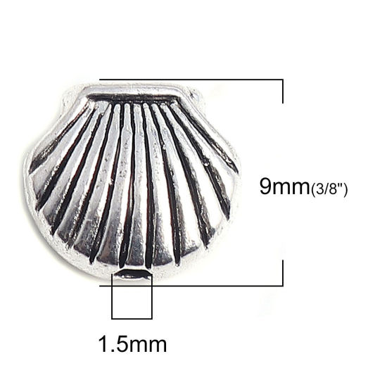 亜鉛合金 メタル 金属 海ジュエリー スペーサー ビーズ シェル 銀古美 9mm x 8mm、 穴：約 1.5mm、 100 個 の画像