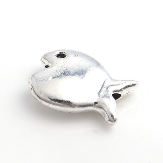 亜鉛合金 メタル 金属 海ジュエリー スペーサー ビーズ 魚 銀古美 14mm x 11mm、 穴：約 1.3mm、 50 個 の画像