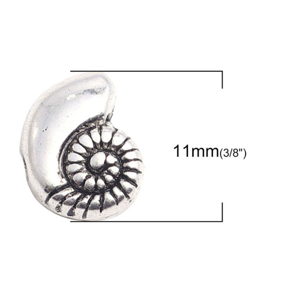 亜鉛合金 メタル 金属 海ジュエリー スペーサー ビーズ 巻き貝 銀古美 16mm x 9mm、 穴：約 1.4mm、 50 個 の画像