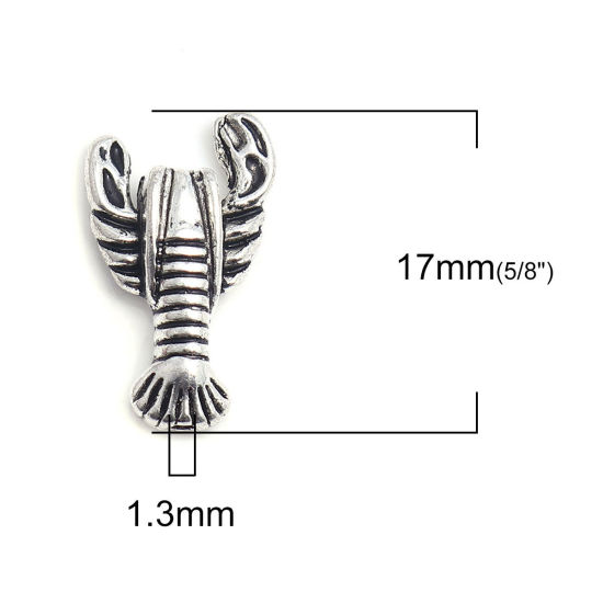 亜鉛合金 メタル 金属 海ジュエリー スペーサー ビーズ ロブスター 銀古美 17mm x 11mm、 穴：約 1.3mm、 100 個 の画像