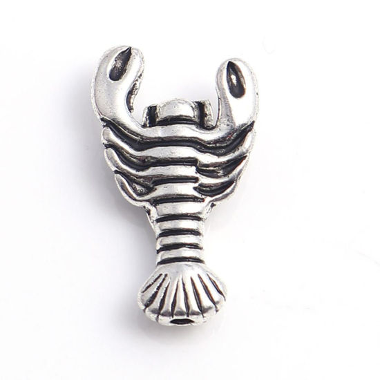 亜鉛合金 メタル 金属 海ジュエリー スペーサー ビーズ ロブスター 銀古美 17mm x 11mm、 穴：約 1.3mm、 100 個 の画像