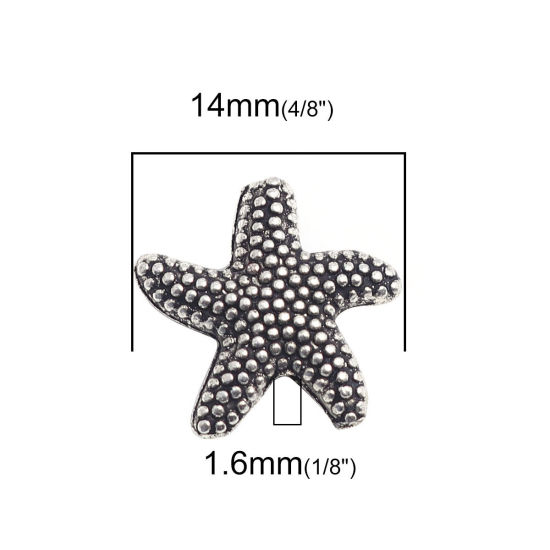亜鉛合金 メタル 金属 海ジュエリー スペーサー ビーズ ヒトデ 銀古美 14mm x 14mm、 穴：約 1.6mm、 100 個 の画像
