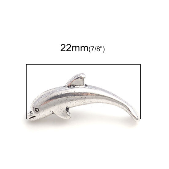 Immagine di Lega di Zinco Gioielli Oceanici Perline (Senza Foro) Delfino Argento Antico Circa 22mm x 9mm, 50 Pz