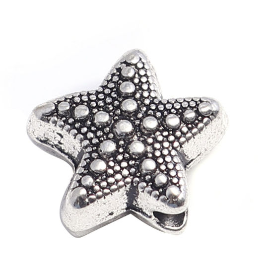 亜鉛合金 メタル 金属 海ジュエリー スペーサー ビーズ ヒトデ 銀古美 10mm x 10mm、 穴：約 2.4mm、 100 個 の画像