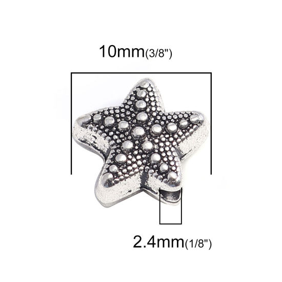 亜鉛合金 メタル 金属 海ジュエリー スペーサー ビーズ ヒトデ 銀古美 10mm x 10mm、 穴：約 2.4mm、 100 個 の画像