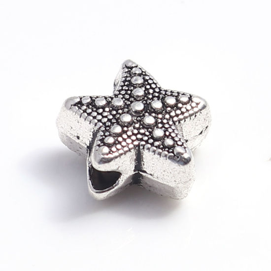 亜鉛合金 メタル 金属 海ジュエリー スペーサー ビーズ ヒトデ 銀古美 10mm x 10mm、 穴：約 2.4mm、 100 個 の画像