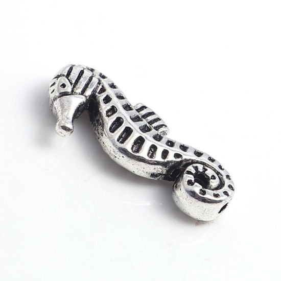 亜鉛合金 メタル 金属 海ジュエリー スペーサー ビーズ シーホース 銀古美 20mm x 10mm、 穴：約 1.4mm、 50 個 の画像