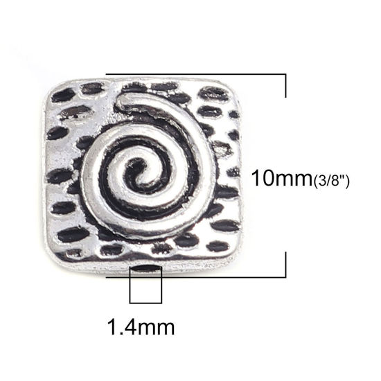亜鉛合金 メタル 金属 海ジュエリー スペーサー ビーズ 正方形 銀古美 螺旋彫刻 10mm x 10mm、 穴：約 1.4mm、 50 個 の画像