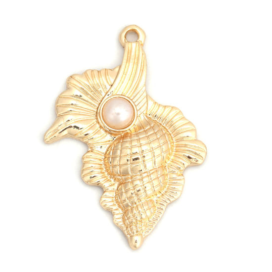 Picture of Zinc Based Alloy Ocean Jewelry Pendants Conch/ Sea Snail Gold Plated White Acrylic Imitation Pearl 4.3cm x 3cm, 5 PCs