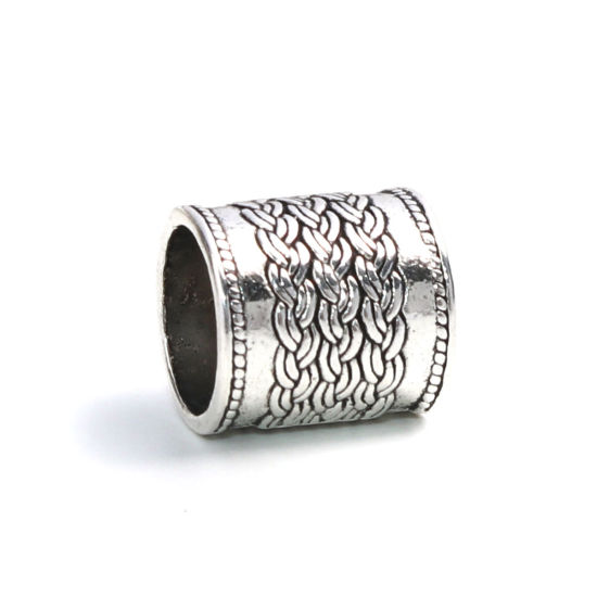 Bild von Zinklegierung Zwischenperlen Spacer Perlen Zylinder Antiksilber Geschnitzte Muster 14mm x 13mm, Loch:ca. 10.0mm, 30 Stück