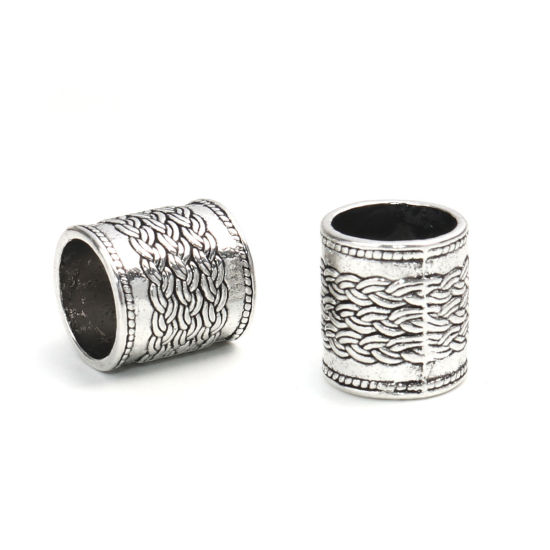 Bild von Zinklegierung Zwischenperlen Spacer Perlen Zylinder Antiksilber Geschnitzte Muster 14mm x 13mm, Loch:ca. 10.0mm, 30 Stück