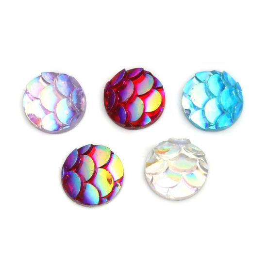 Picture of Resin Mermaid Fish/ Dragon Scale Dome Seals Cabochon Round At Random Fish Scale Pattern AB Color 6mm Dia., 50 PCs