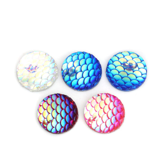 Picture of Resin Mermaid Fish/ Dragon Scale Dome Seals Cabochon Round At Random Fish Scale Pattern AB Color 14mm Dia., 50 PCs