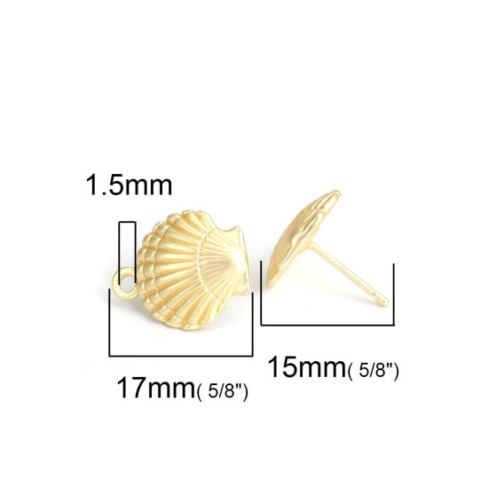 Picture of Zinc Based Alloy Ear Post Stud Earrings Findings Shell Matt Gold W/ Loop 17mm x 15mm, Post/ Wire Size: (19 gauge), 4 PCs