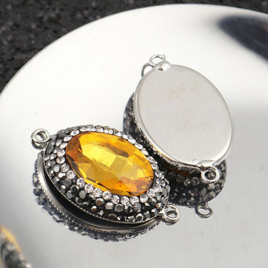 Bild von Messing + Glas Verbinder Oval Schwarz Facettiert Transparent Strass 33mm x 19mm, 2 Stück