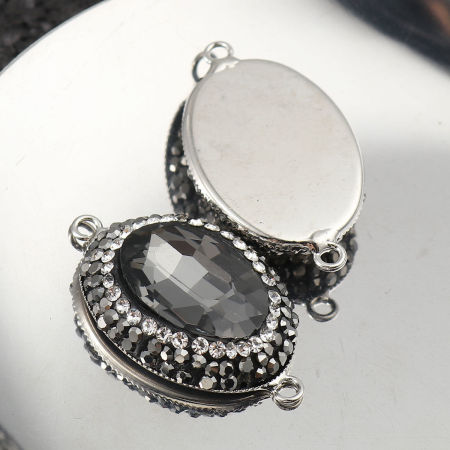 Picture of Brass & Glass Connectors Oval Black Faceted Clear Rhinestone 33mm x 19mm, 2 PCs
