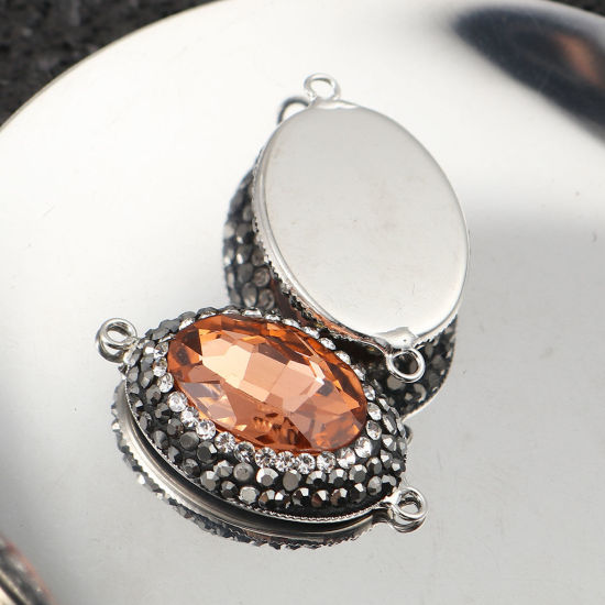 Bild von Messing + Glas Verbinder Oval Orange Facettiert Transparent Strass 33mm x 19mm, 2 Stück
