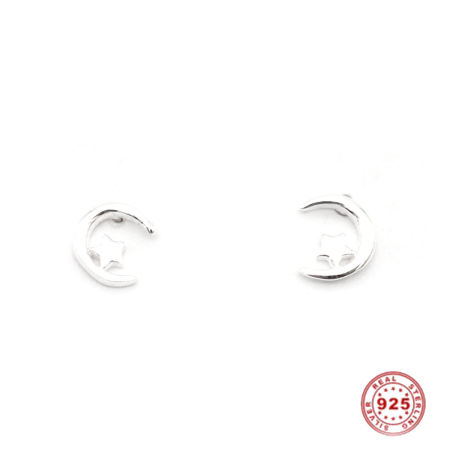 Sterling Silver Ear Post Stud Earrings Silver Half Moon Star 6mm x 5mm, Post/ Wire Size: (21 gauge), 1 Pair