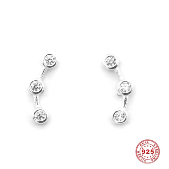 Picture of Sterling Silver Ear Post Stud Earrings Silver Arc Clear Rhinestone 11mm x 4mm, Post/ Wire Size: (21 gauge), 1 Pair
