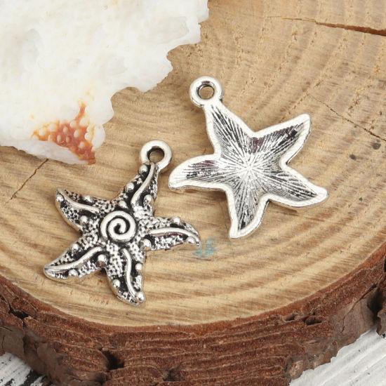 Picture of Zinc Based Alloy Ocean Jewelry Charms Star Fish Antique Silver Color 20mm x 18mm, 50 PCs