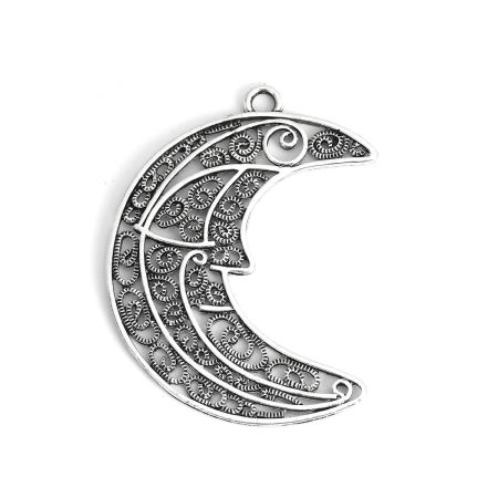 Picture of Zinc Based Alloy Galaxy Pendants Half Moon Antique Silver Color 66mm x 46mm, 3 PCs