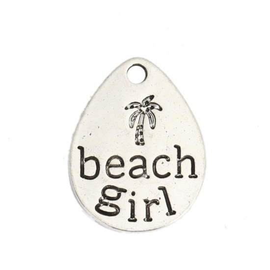 Picture of Zinc Based Alloy Ocean Jewelry Charms Drop Antique Silver Color Message " beach girl " 20mm x 15mm, 10 PCs
