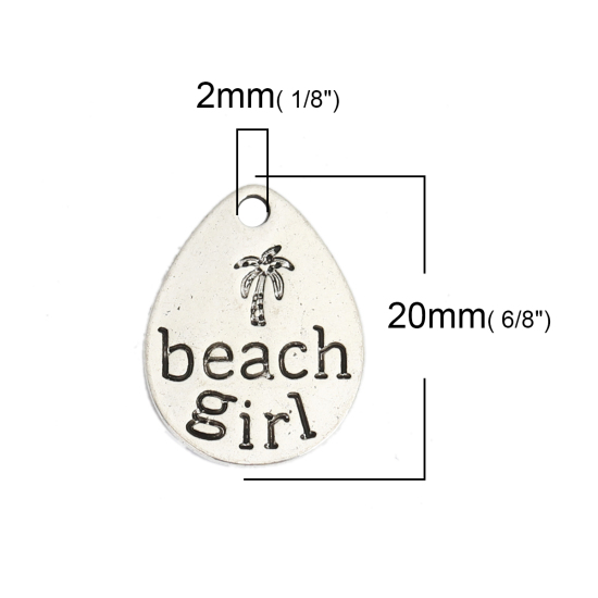 Picture of Zinc Based Alloy Ocean Jewelry Charms Drop Antique Silver Color Message " beach girl " 20mm x 15mm, 10 PCs