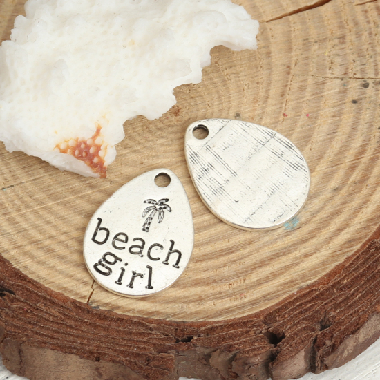 Picture of Zinc Based Alloy Ocean Jewelry Charms Drop Antique Silver Color Message " beach girl " 20mm x 15mm, 10 PCs
