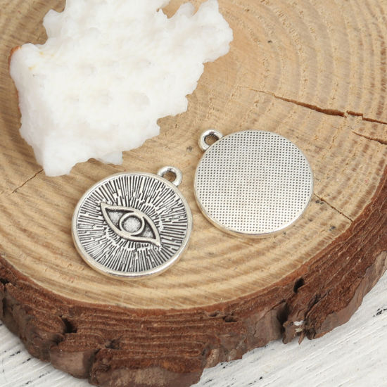 Image de Breloques en Alliage de Zinc Rond Argent Vieilli Yeux 20mm x 17mm, 30 Pcs