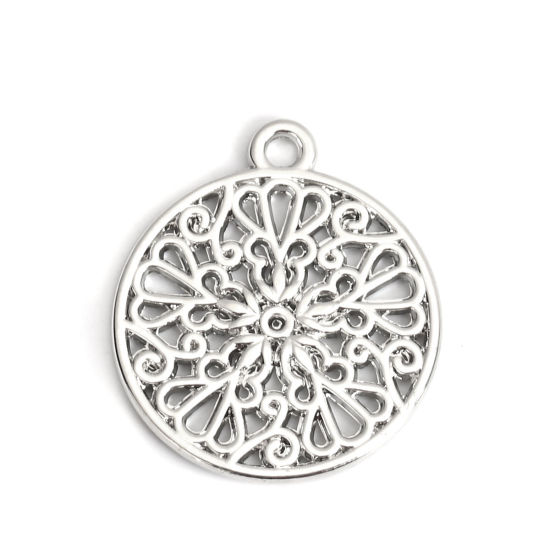 亜鉛合金 生命の花 チャーム 円形 シルバートーン 透かし 24mm x 21mm、 10 個 の画像