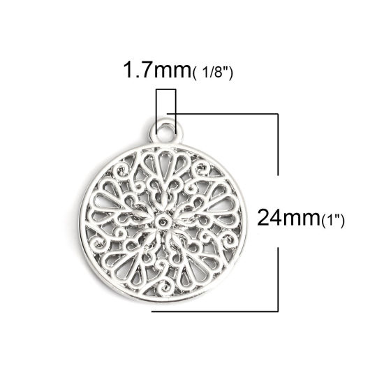 亜鉛合金 生命の花 チャーム 円形 シルバートーン 透かし 24mm x 21mm、 10 個 の画像