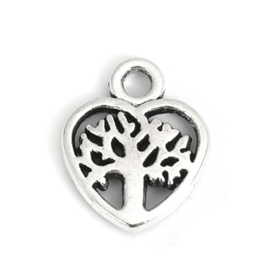 Bild von Zinklegierung Charms Herz Antiksilber Bäume Hohl 12mm x 10mm, 100 Stück