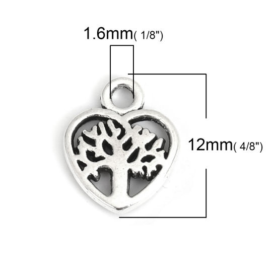 Bild von Zinklegierung Charms Herz Antiksilber Bäume Hohl 12mm x 10mm, 100 Stück