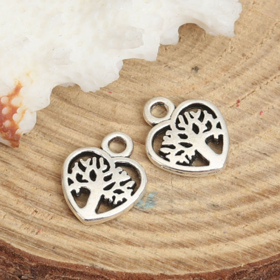Bild von Zinklegierung Charms Herz Antiksilber Bäume Hohl 12mm x 10mm, 100 Stück