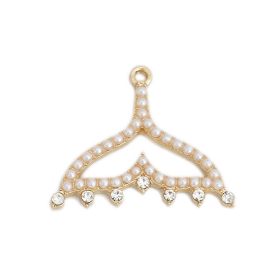 Picture of Zinc Based Alloy Charms Fishtail Gold Plated White Clear Rhinestone Acrylic Imitation Pearl 26mm x 22mm, 5 PCs