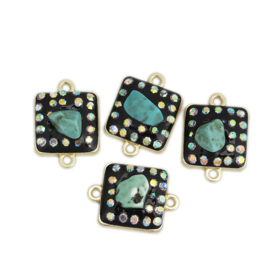 Bild von Zinklegierung & Stein Verbinder Quadrat Vergoldet Grün mit Bunt Strass, 20mm x 14mm, 10 Stück