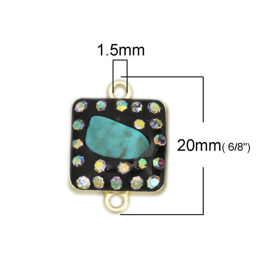 Bild von Zinklegierung & Stein Verbinder Quadrat Vergoldet Grün mit Bunt Strass, 20mm x 14mm, 10 Stück