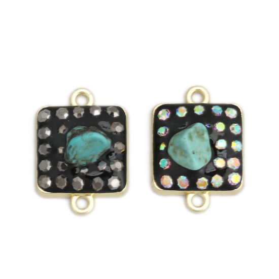 Bild von Zinklegierung & Stein Verbinder Quadrat Vergoldet Grün mit Bunt Strass, 20mm x 14mm, 10 Stück