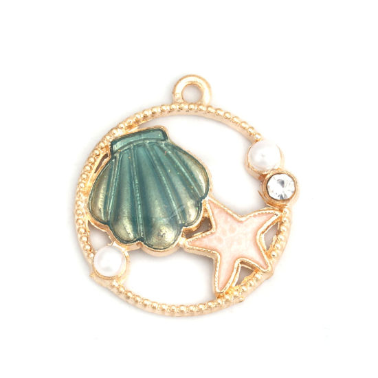Picture of Zinc Based Alloy Ocean Jewelry Charms Shell Gold Plated Green Star Fish Clear Rhinestone Enamel 28mm x 25mm, 10 PCs