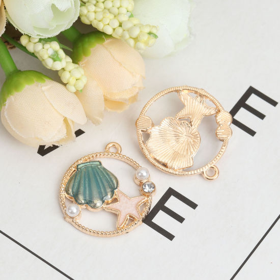 Imagen de Zamak Joyería del océano Colgantes Charms Concha Chapado en Oro Verde Estrella de Mar Transparente Rhinestone Esmalte 28mm x 25mm, 10 Unidades
