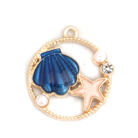 Picture of Zinc Based Alloy Ocean Jewelry Charms Shell Gold Plated Blue Star Fish Clear Rhinestone Enamel 28mm x 25mm, 10 PCs