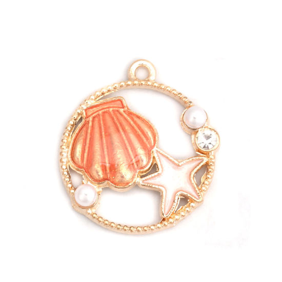 Picture of Zinc Based Alloy Ocean Jewelry Charms Shell Gold Plated Orange Star Fish Clear Rhinestone Enamel 28mm x 25mm, 10 PCs