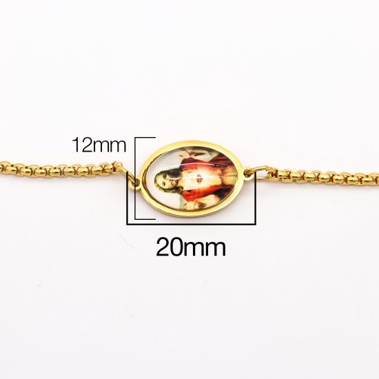 Bild von 316 Edelstahl Einstellbares Slider/ Slide Armband Schieberarmband Vergoldet Oval Jesus Mit Glas Cabochon 25cm lang, 1 Strang